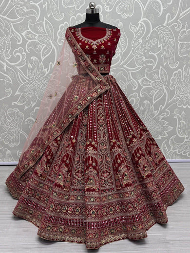 Astonishing Red Velvet Bridal Lehenga Choli With Double Dupatta - Ethnic Plus In